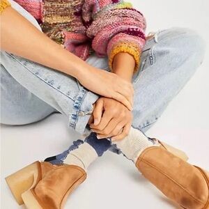 New Free People James Mule Tan Faux Fur Lined Leather Crepe Platform